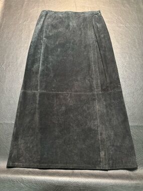 Vintage Black Suede Leather Midi Skirt Faux Wrap Minimalist Capsule Western Boho